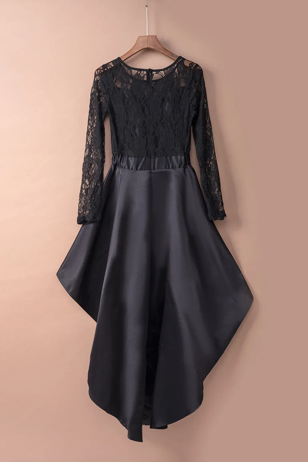 Long Sleeve Lace High Low Satin Prom Gown
