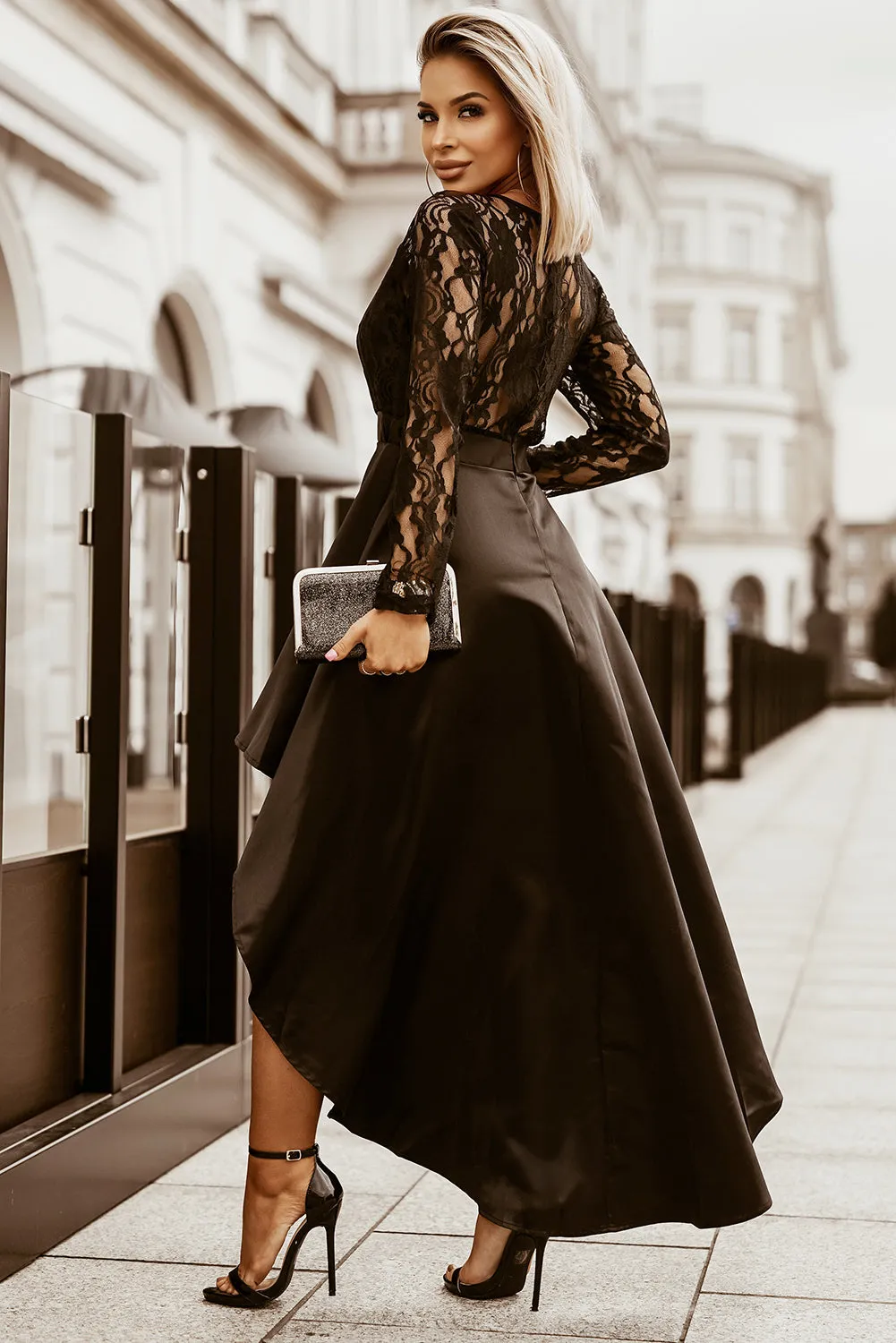 Long Sleeve Lace High Low Satin Prom Gown