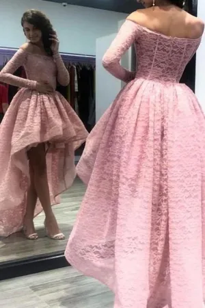 Long Sleeves Pink Lace Prom Dress with Short Front Skirt