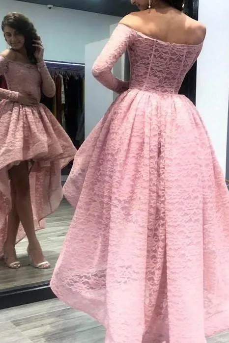 Long Sleeves Pink Lace Prom Dress with Short Front Skirt