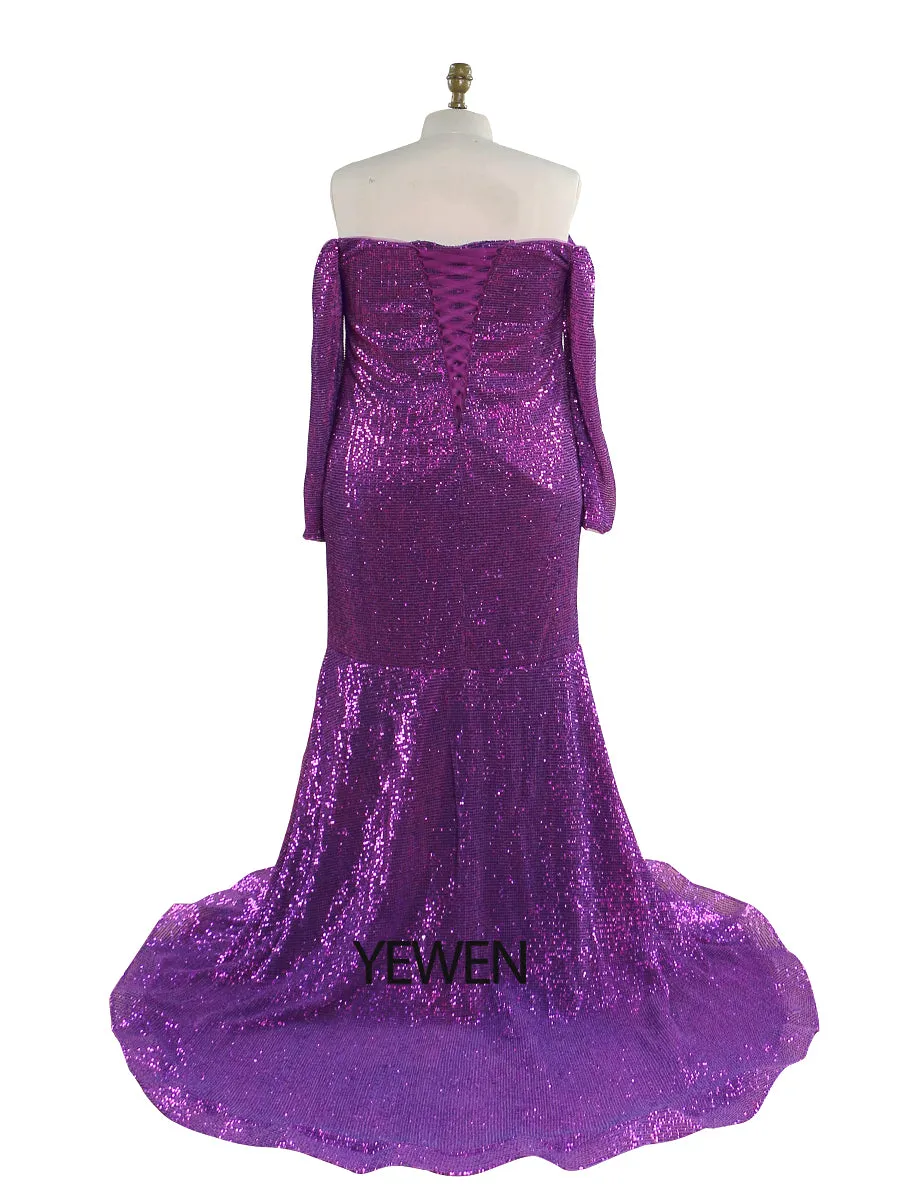 Long Sleeves Sequin Off The Shoulder Maternity Dress for Photo Shoots Strech Belly Photography Gowns YEWEN