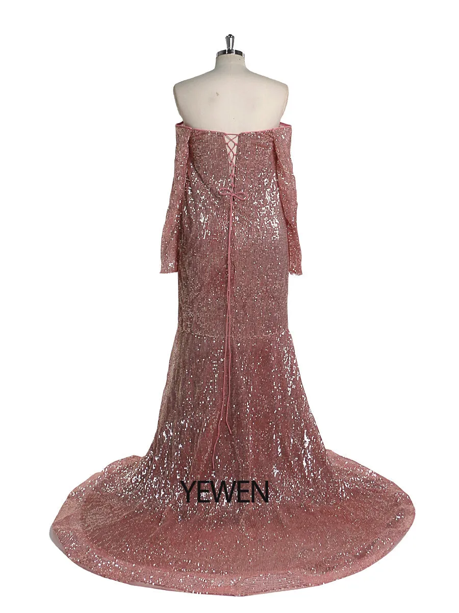 Long Sleeves Sequin Off The Shoulder Maternity Dress for Photo Shoots Strech Belly Photography Gowns YEWEN