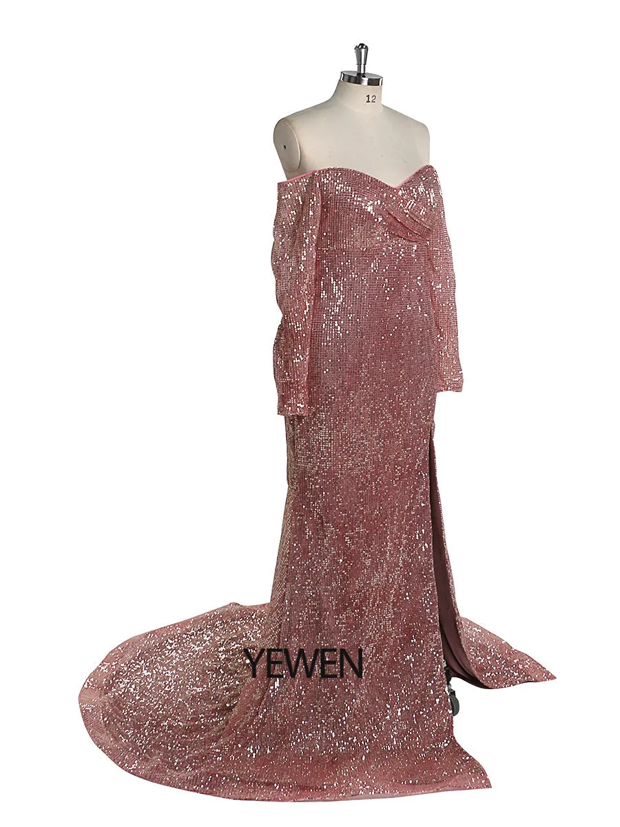 Long Sleeves Sequin Off The Shoulder Maternity Dress for Photo Shoots Strech Belly Photography Gowns YEWEN