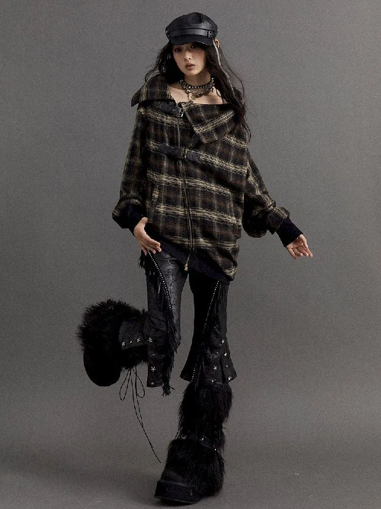 Loose plaid asymmetrical sweater jacket【s0000010326】