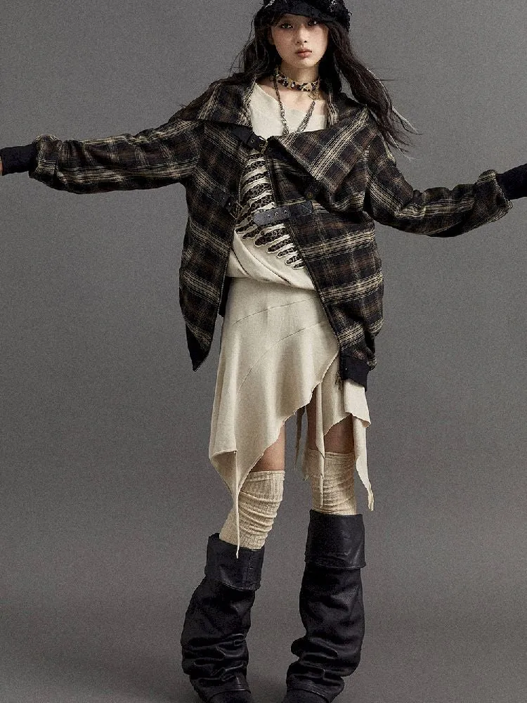 Loose plaid asymmetrical sweater jacket【s0000010326】