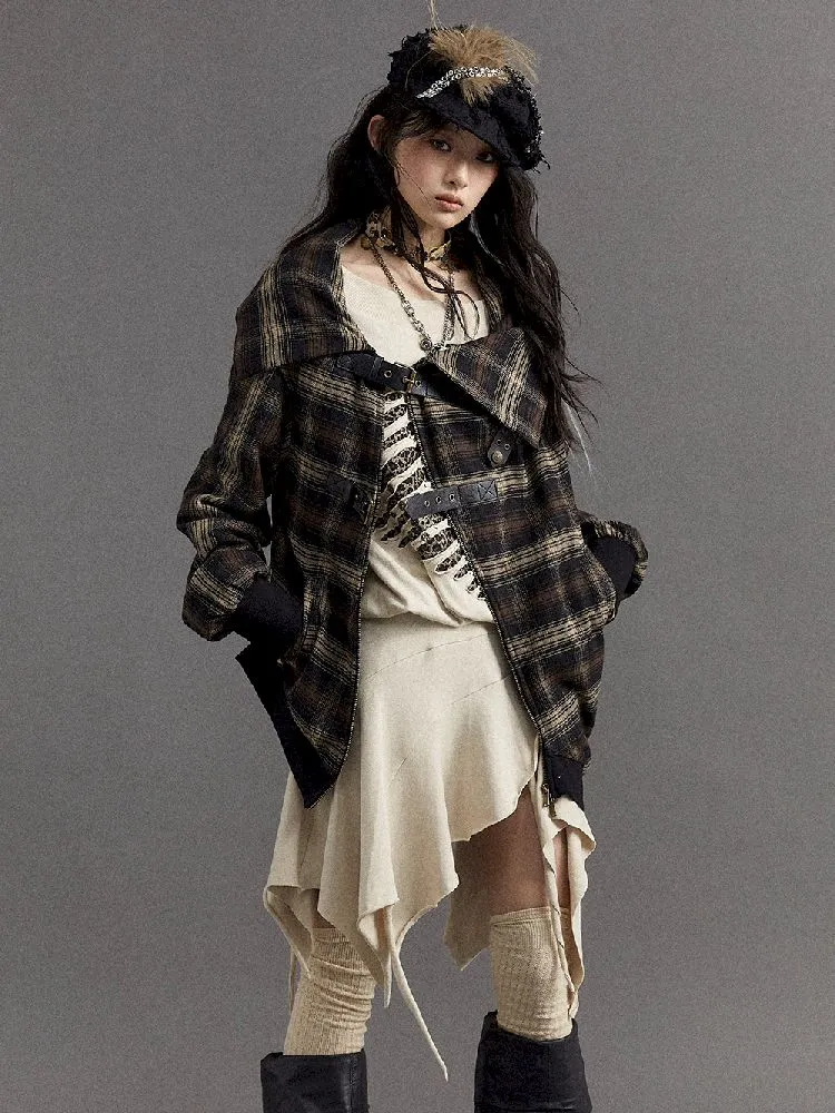 Loose plaid asymmetrical sweater jacket【s0000010326】