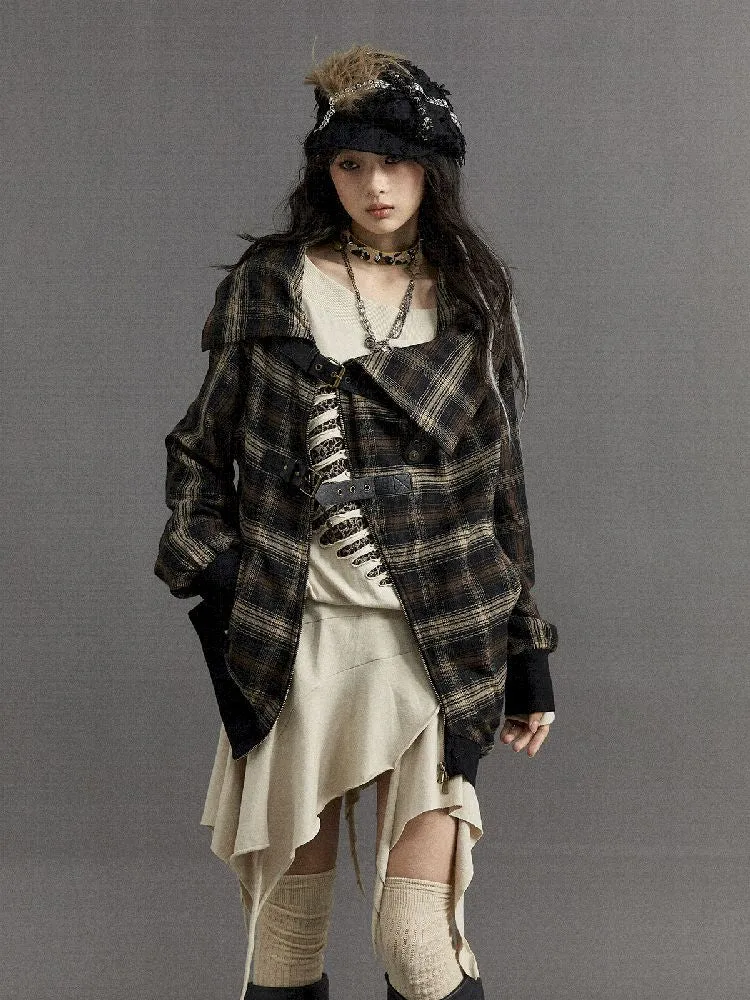 Loose plaid asymmetrical sweater jacket【s0000010326】