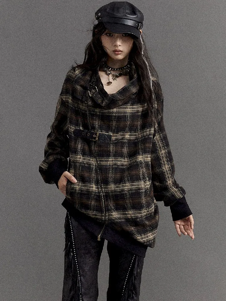 Loose plaid asymmetrical sweater jacket【s0000010326】