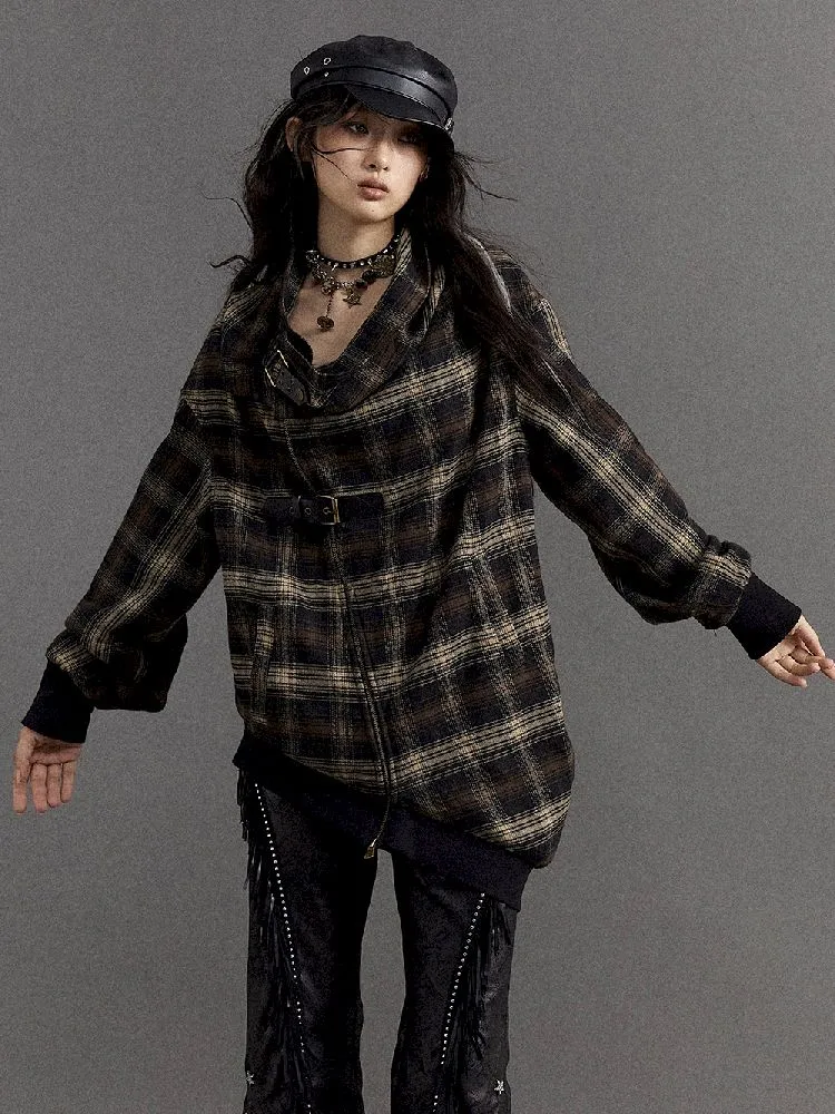 Loose plaid asymmetrical sweater jacket【s0000010326】
