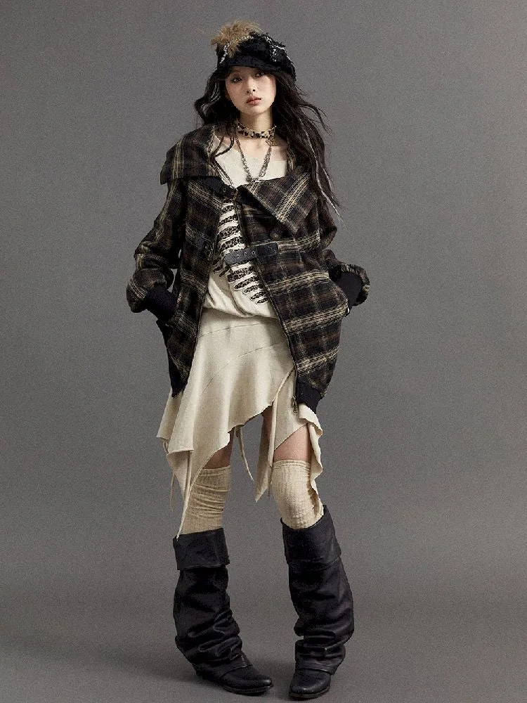 Loose plaid asymmetrical sweater jacket【s0000010326】
