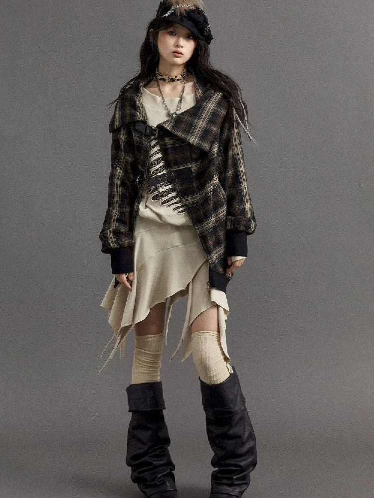 Loose plaid asymmetrical sweater jacket【s0000010326】
