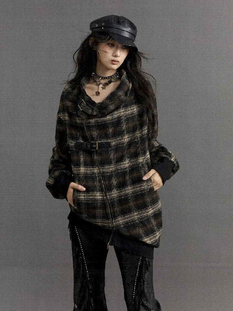 Loose plaid asymmetrical sweater jacket【s0000010326】