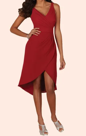 MACloth Deep V Neck Short Bridesmaid Dress High Low Red Wedding Party Dress