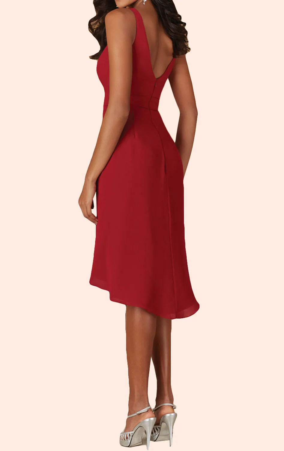 MACloth Deep V Neck Short Bridesmaid Dress High Low Red Wedding Party Dress