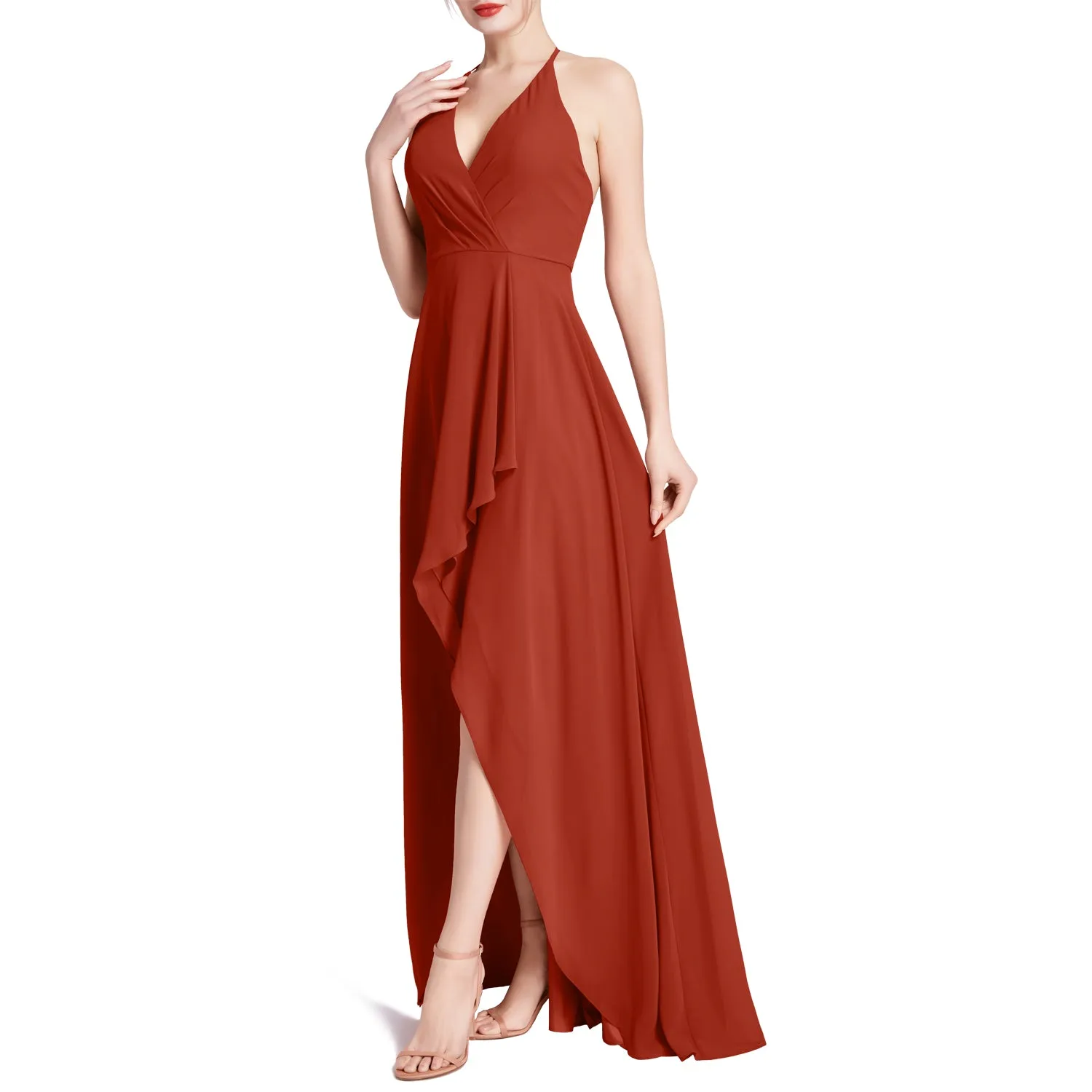 MACloth Women V Neck Halter Hi Lo Long Wedding Party Bridesmaid Dresses