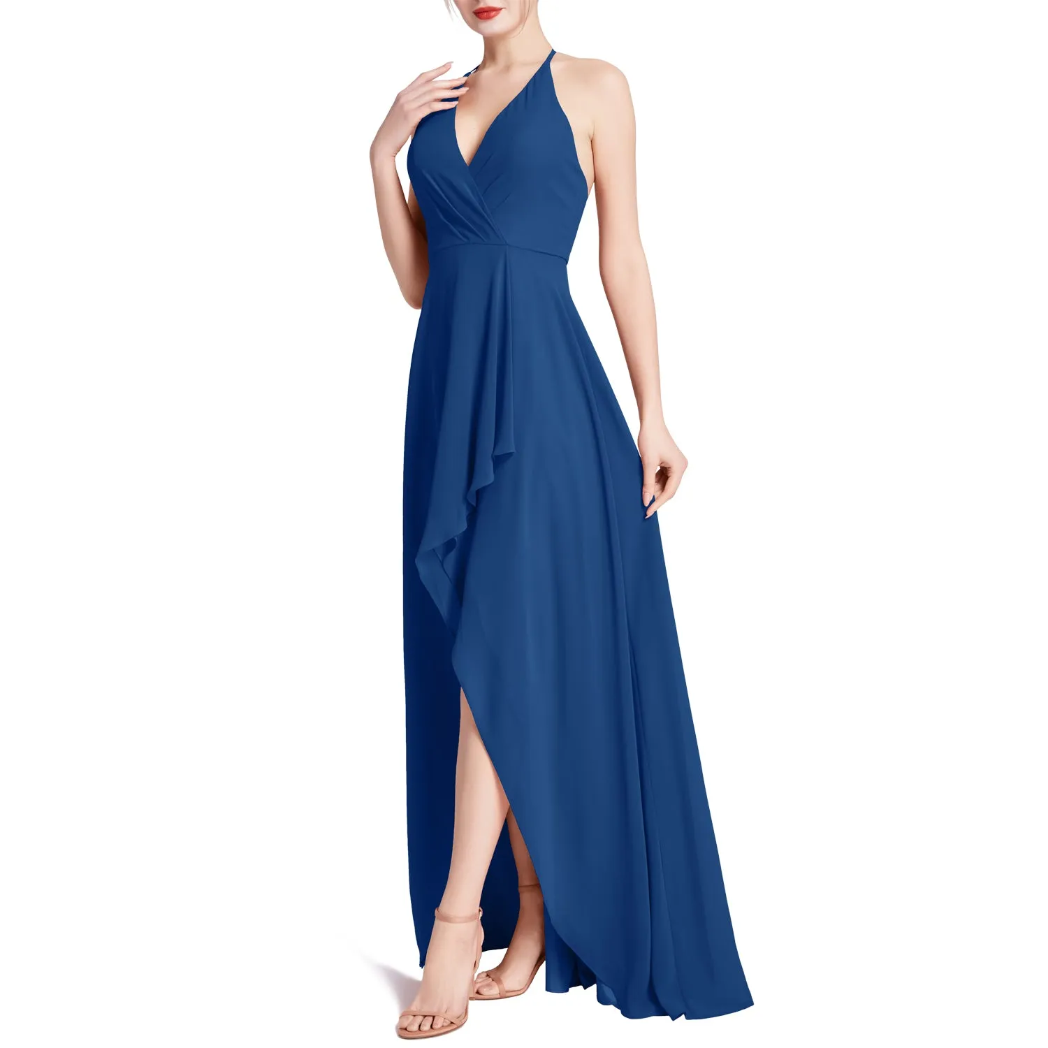 MACloth Women V Neck Halter Hi Lo Long Wedding Party Bridesmaid Dresses