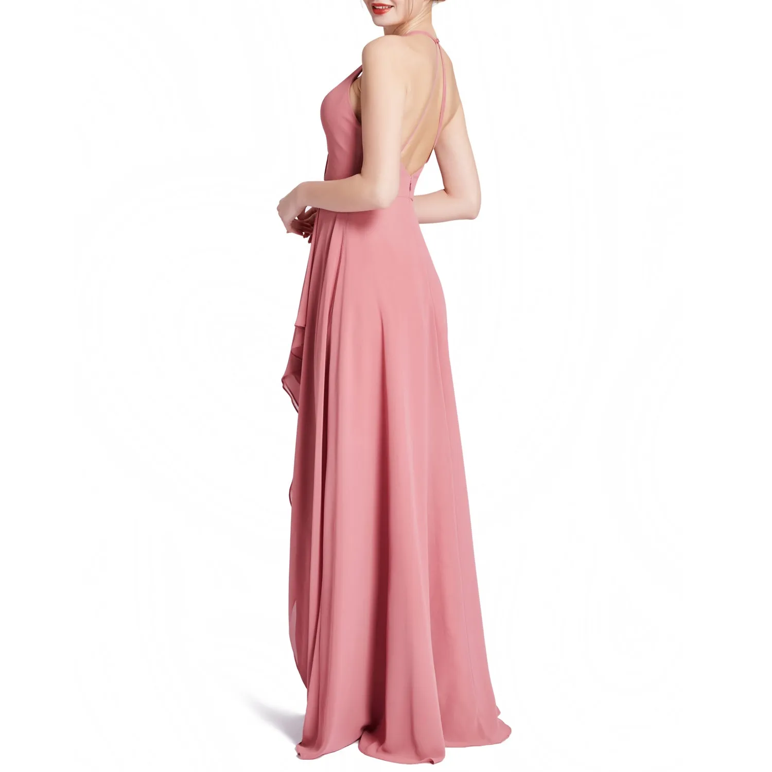 MACloth Women V Neck Halter Hi Lo Long Wedding Party Bridesmaid Dresses