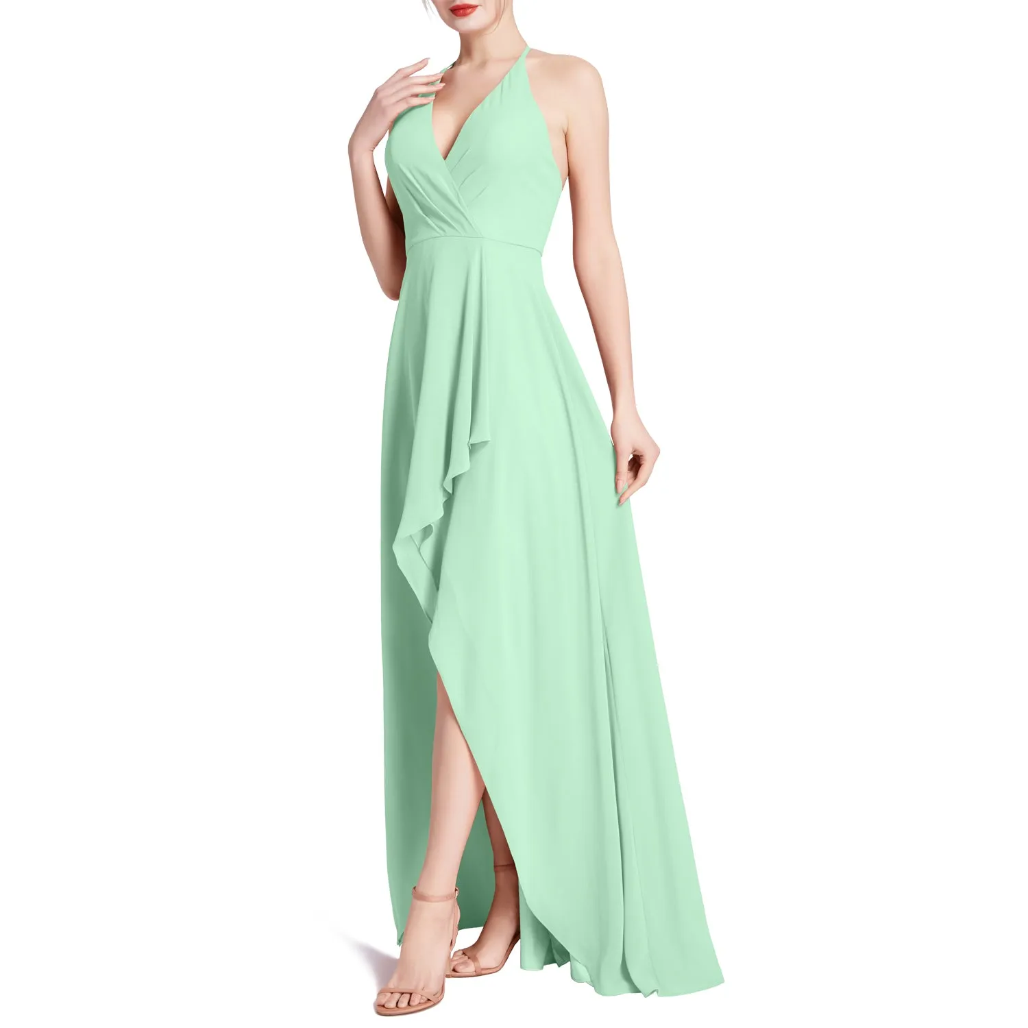 MACloth Women V Neck Halter Hi Lo Long Wedding Party Bridesmaid Dresses