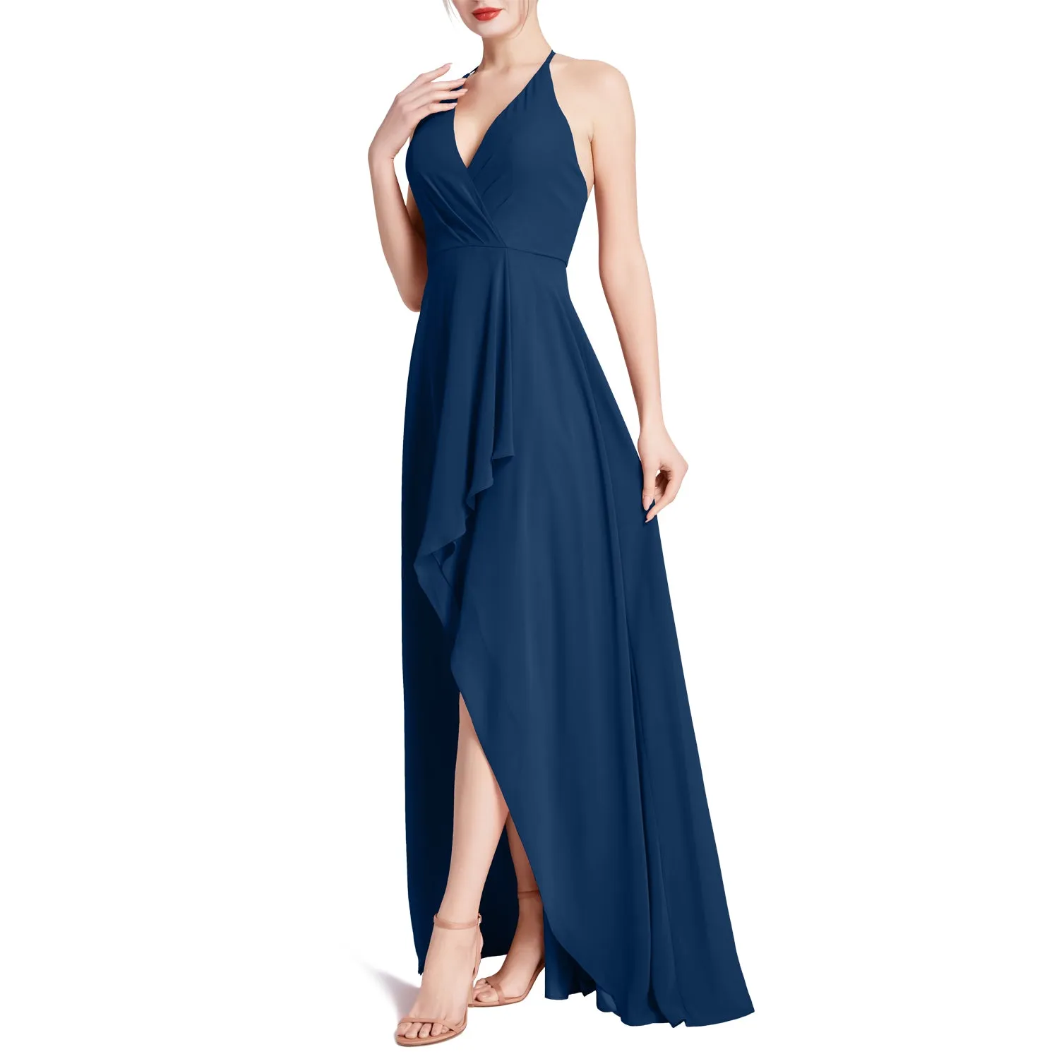 MACloth Women V Neck Halter Hi Lo Long Wedding Party Bridesmaid Dresses