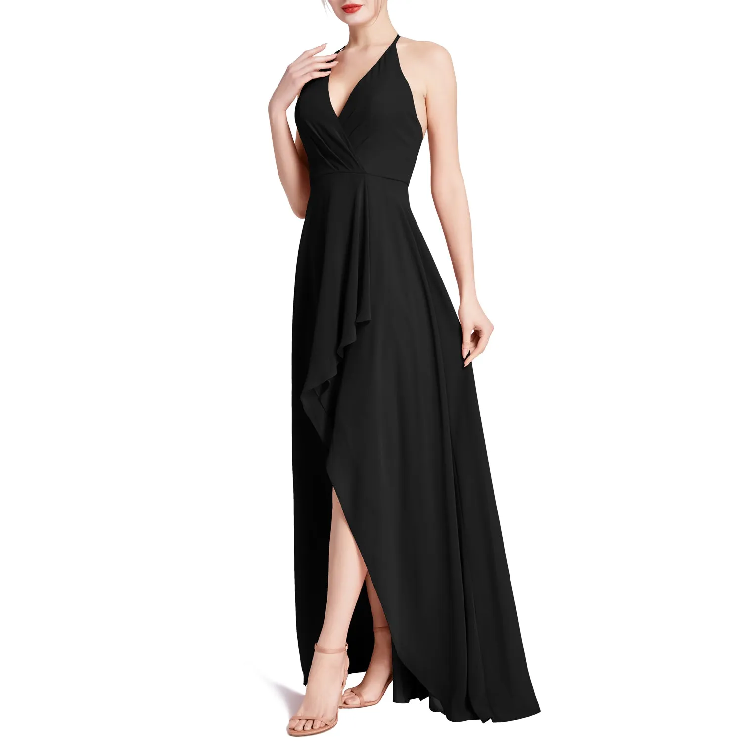 MACloth Women V Neck Halter Hi Lo Long Wedding Party Bridesmaid Dresses
