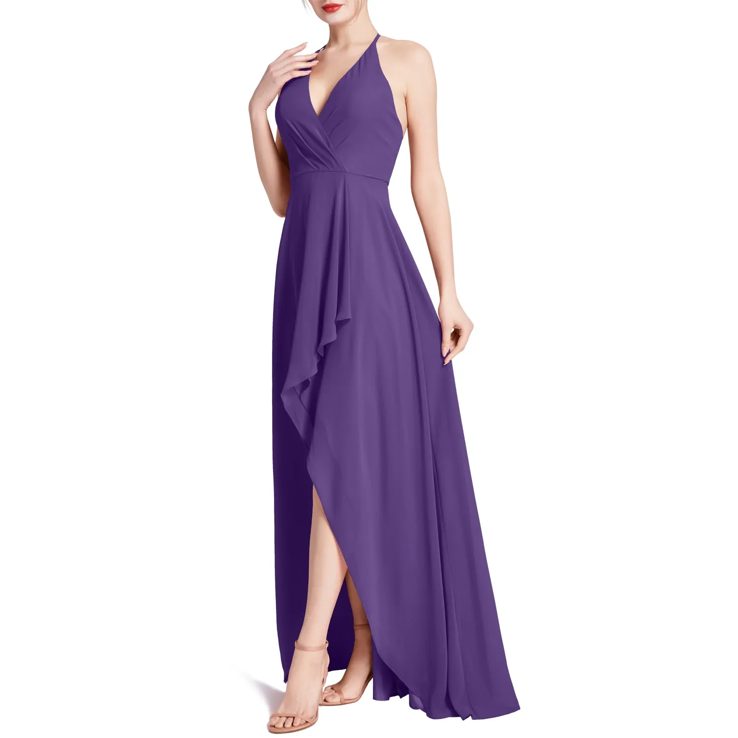 MACloth Women V Neck Halter Hi Lo Long Wedding Party Bridesmaid Dresses
