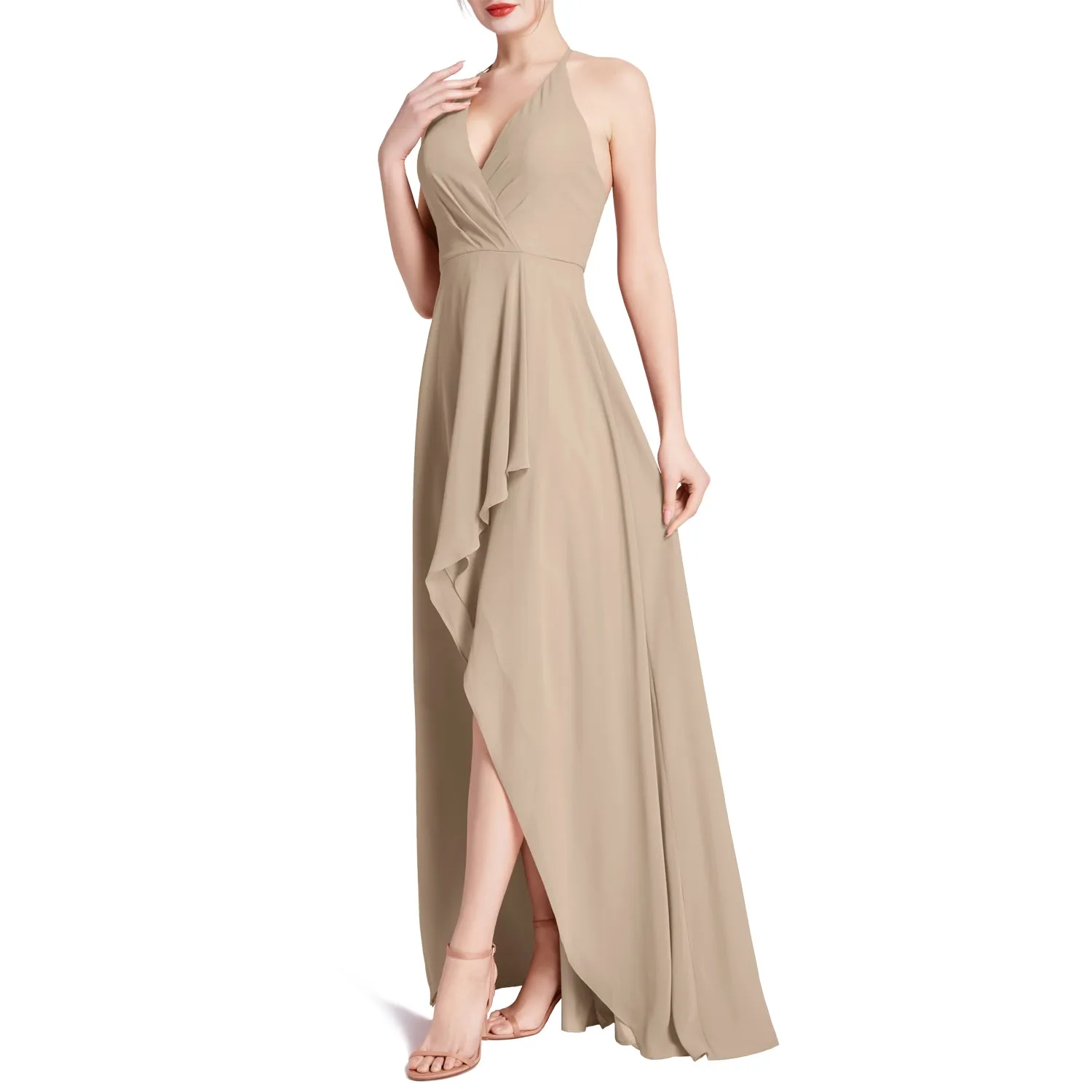 MACloth Women V Neck Halter Hi Lo Long Wedding Party Bridesmaid Dresses