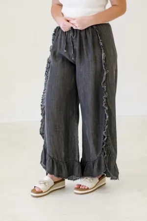 Maeve Washed Ruffle Chambray Pants - Black