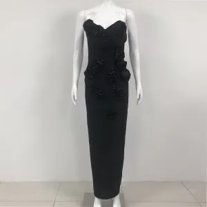 Maisie Black Tube Bodycon With Flower Applique Maxi Dress