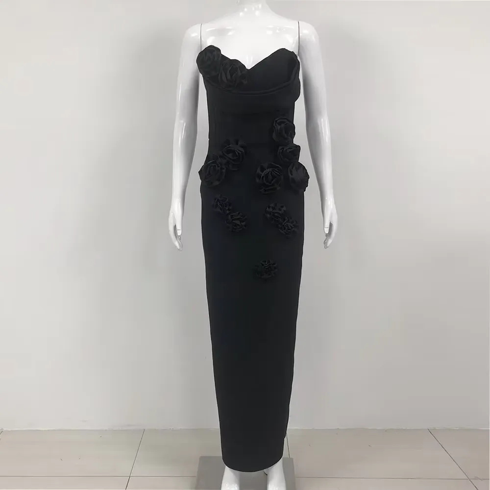 Maisie Black Tube Bodycon With Flower Applique Maxi Dress