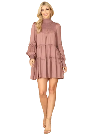 Mauve Shirred High Neck Puff Sleeve Tiered Satiny Dress - Pack of 5