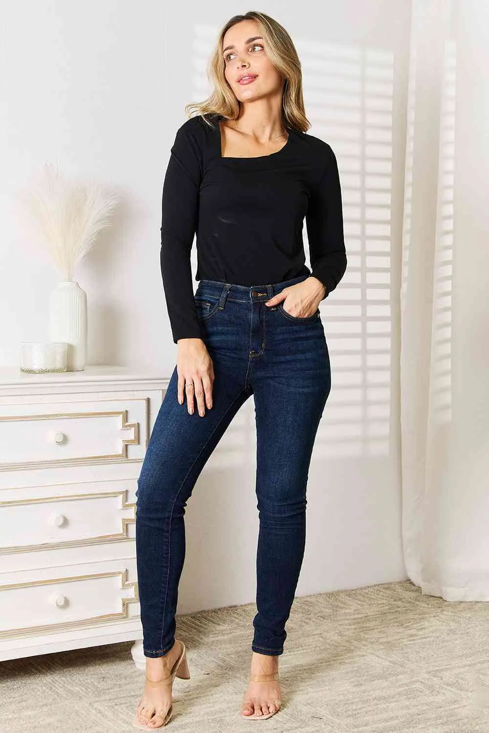 Megan Basic Bae Asymmetrical Neck Long Sleeve Top