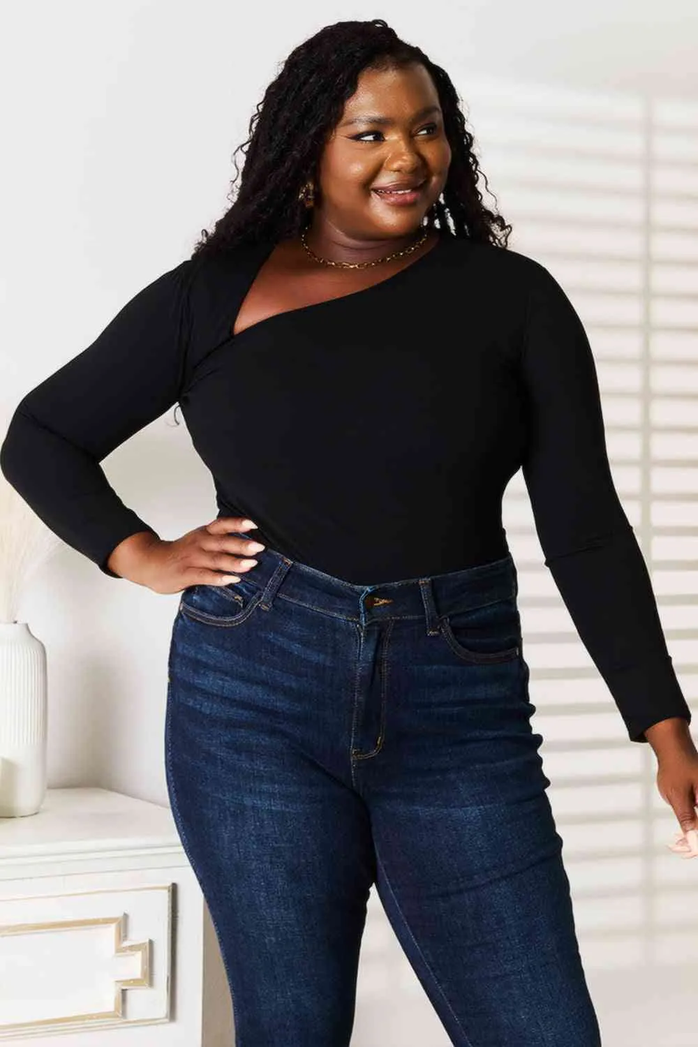 Megan Basic Bae Asymmetrical Neck Long Sleeve Top