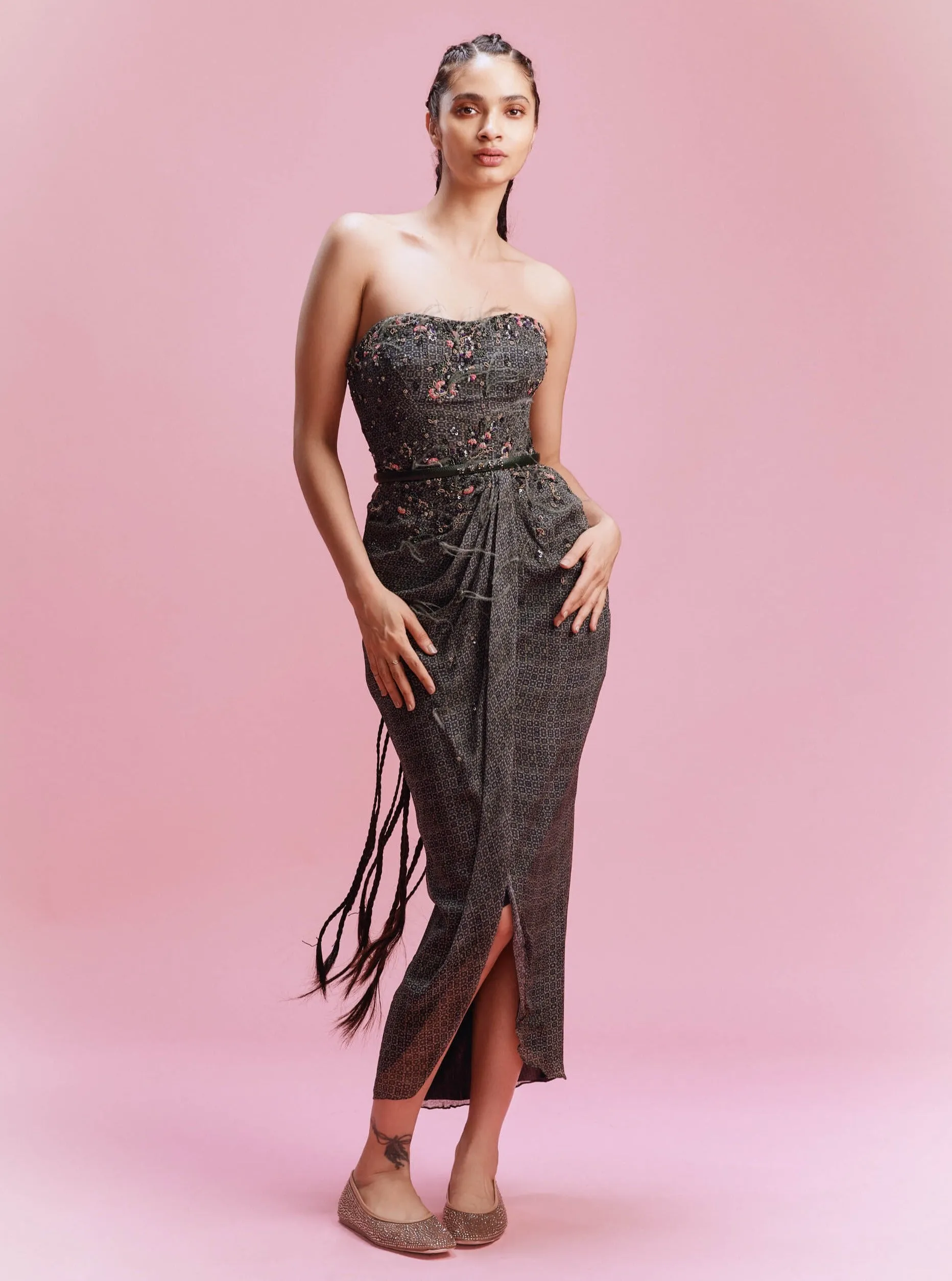Minya printed black draped dress