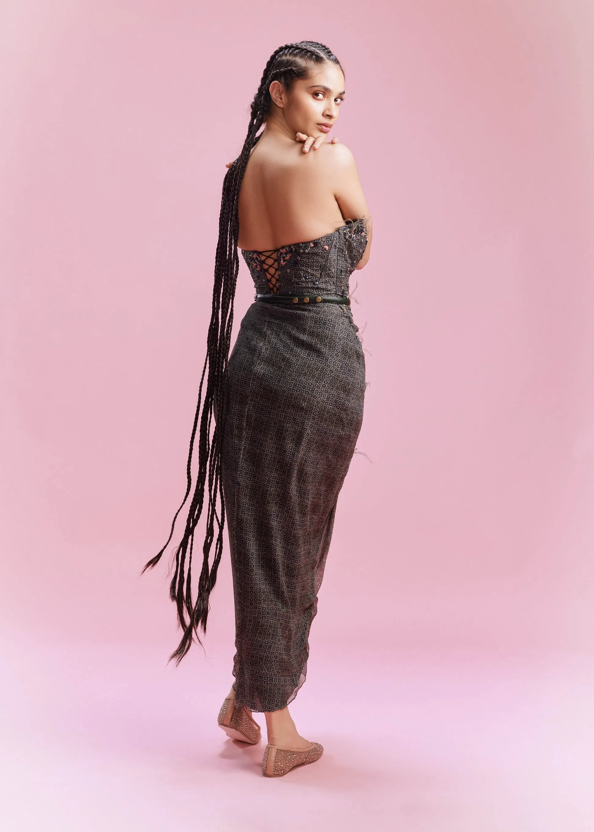 Minya printed black draped dress