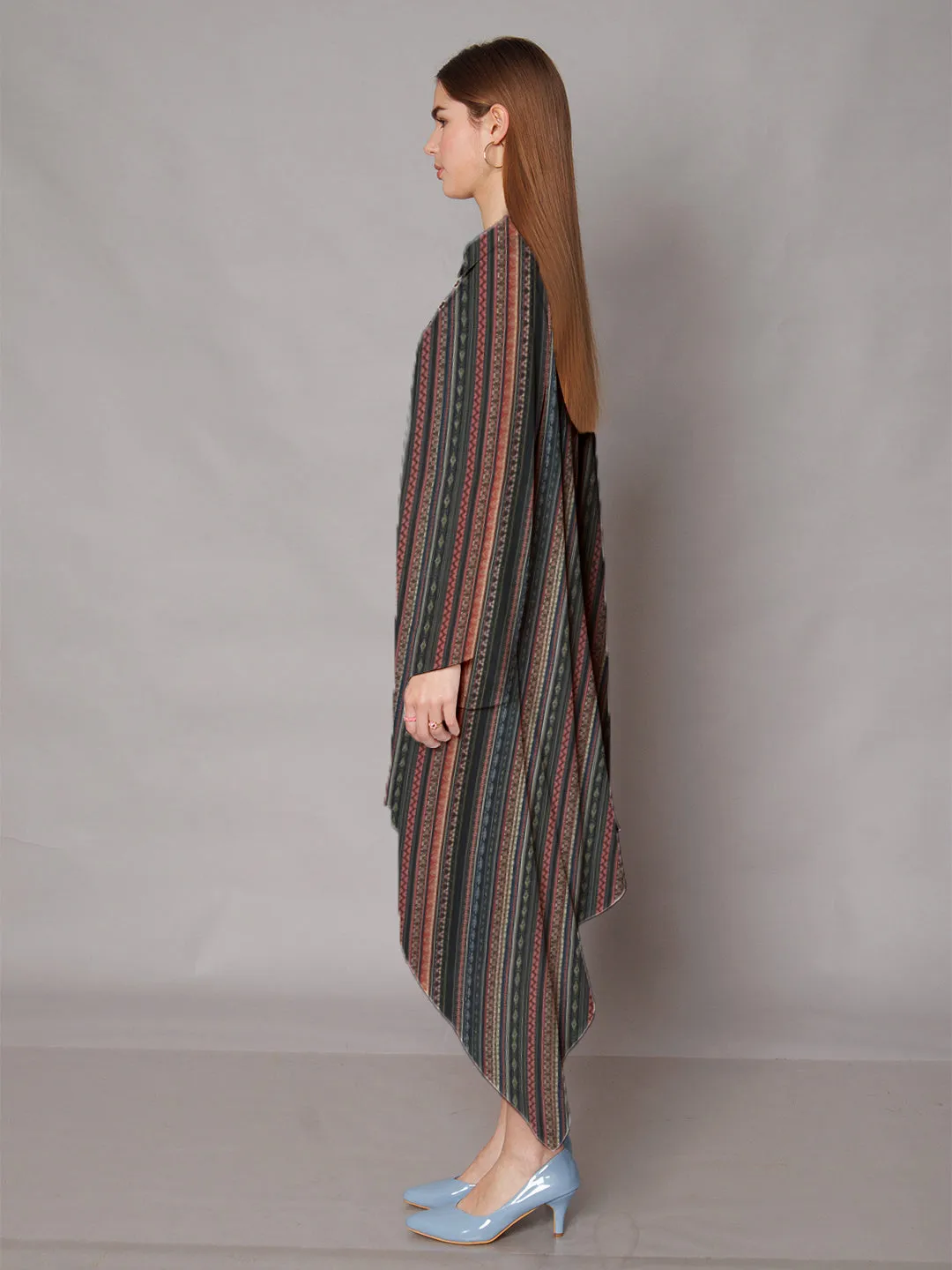Multi-Colored Bohemian Printed High-Low Midi Dress