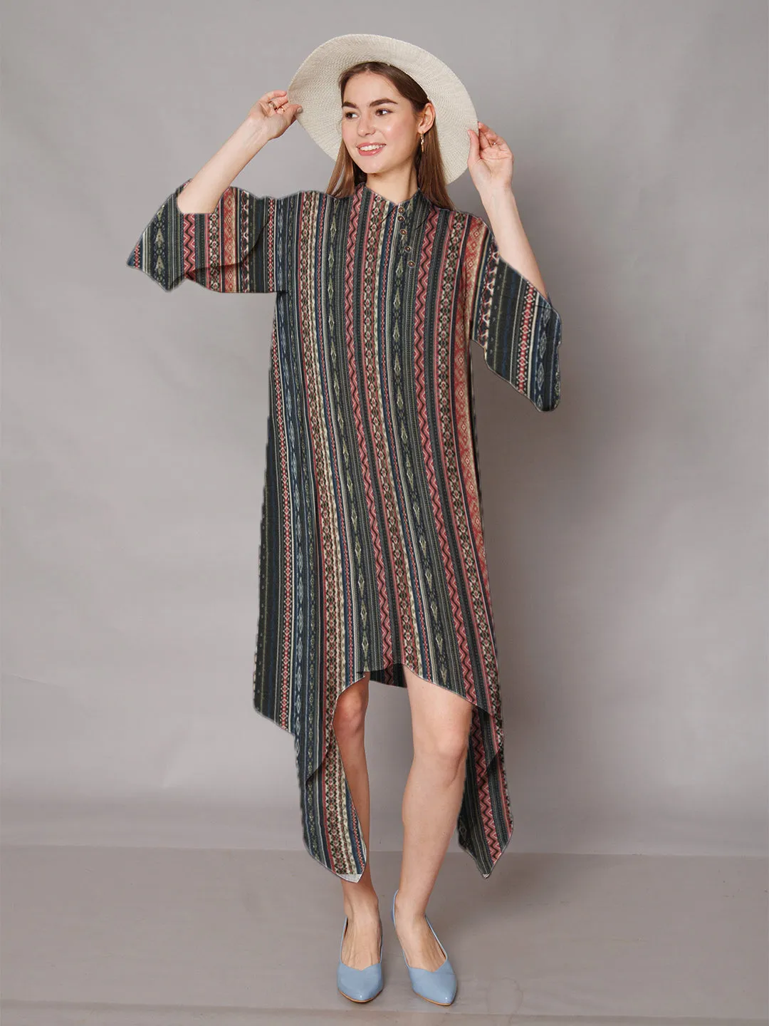 Multi-Colored Bohemian Printed High-Low Midi Dress