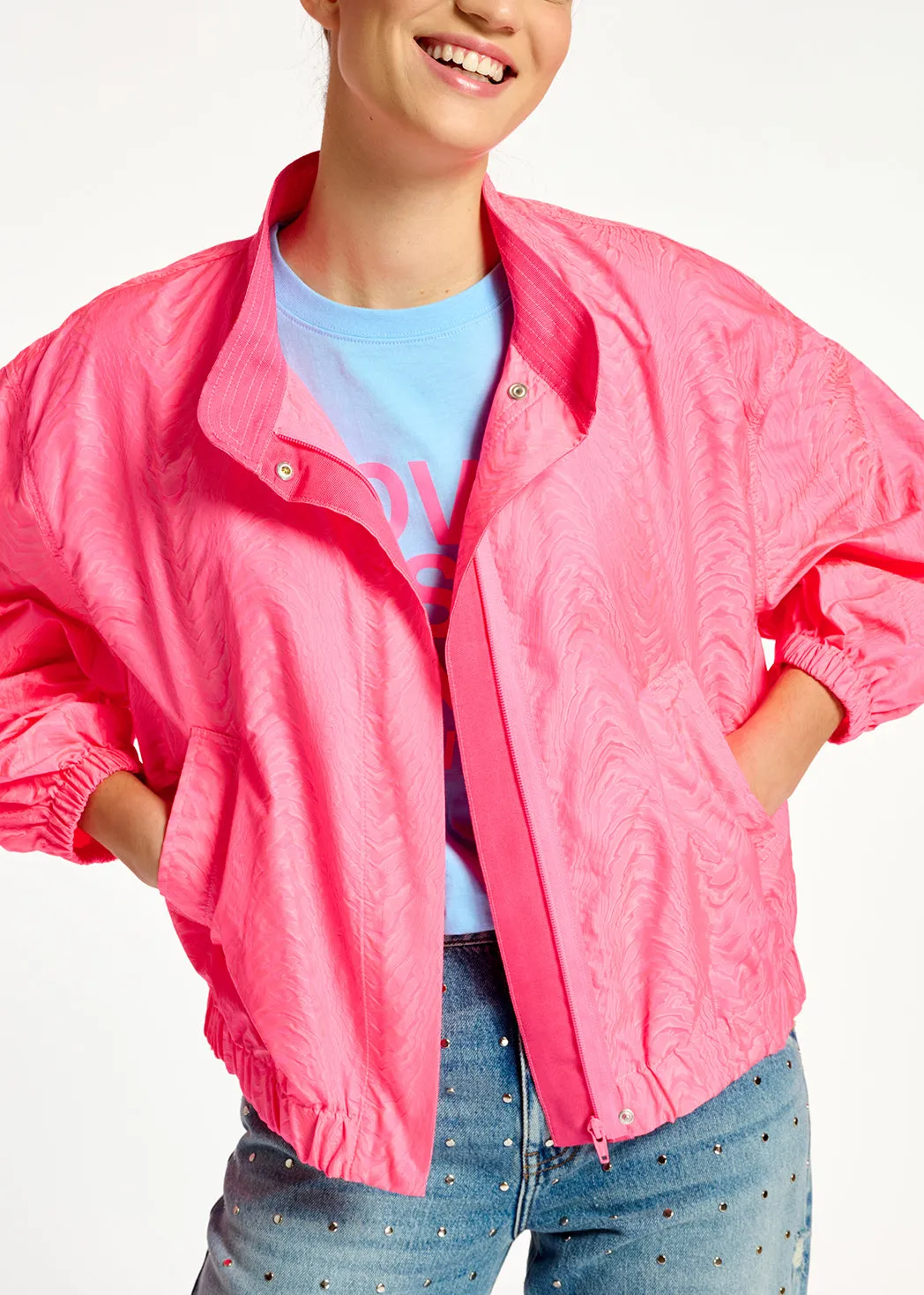 Neon pink jacquard bomber jacket