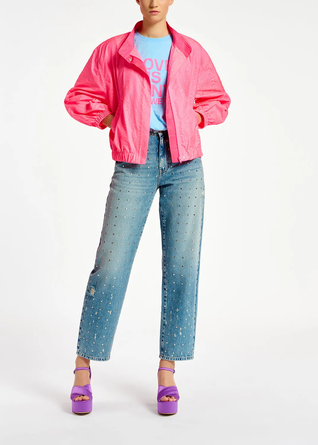 Neon pink jacquard bomber jacket