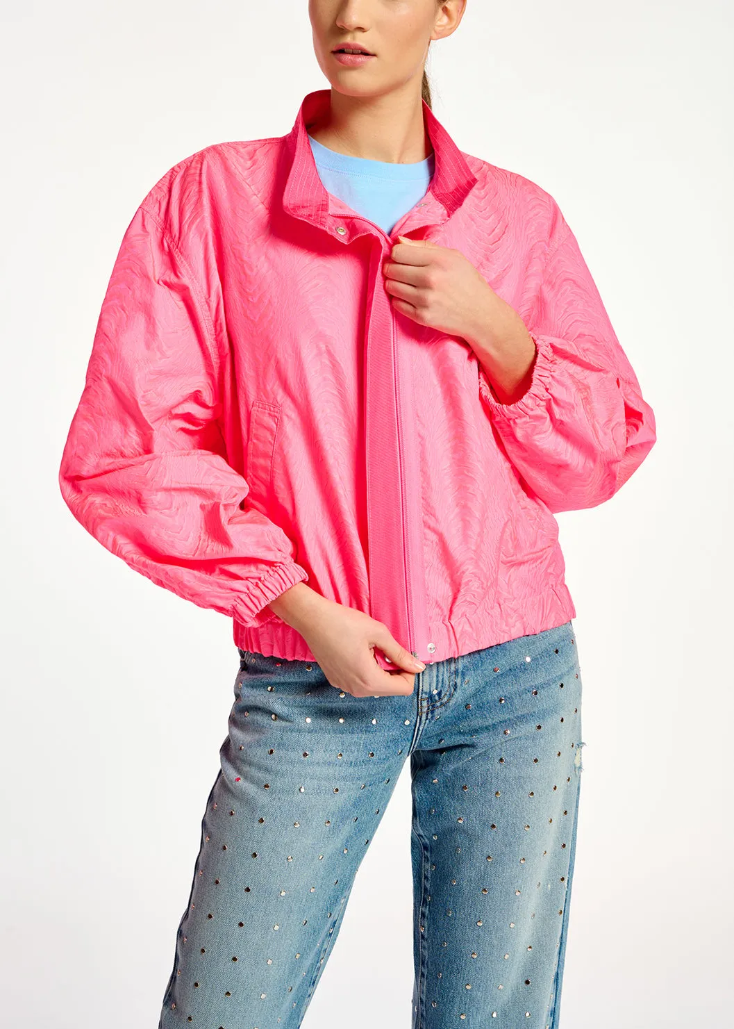 Neon pink jacquard bomber jacket