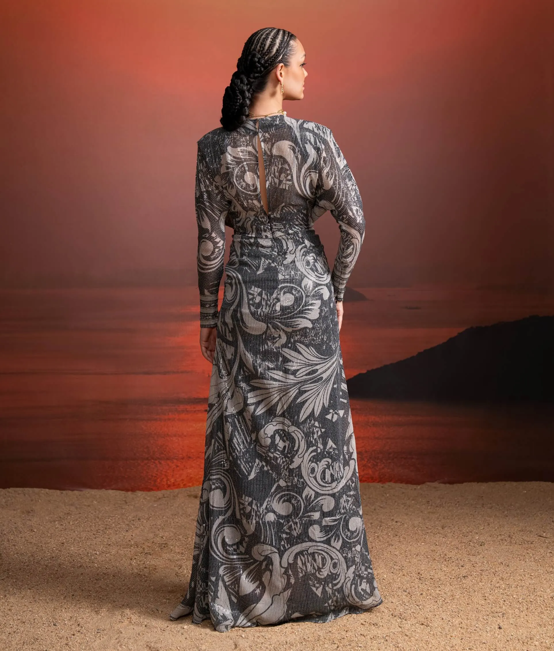 Noir printed sequins draped dress