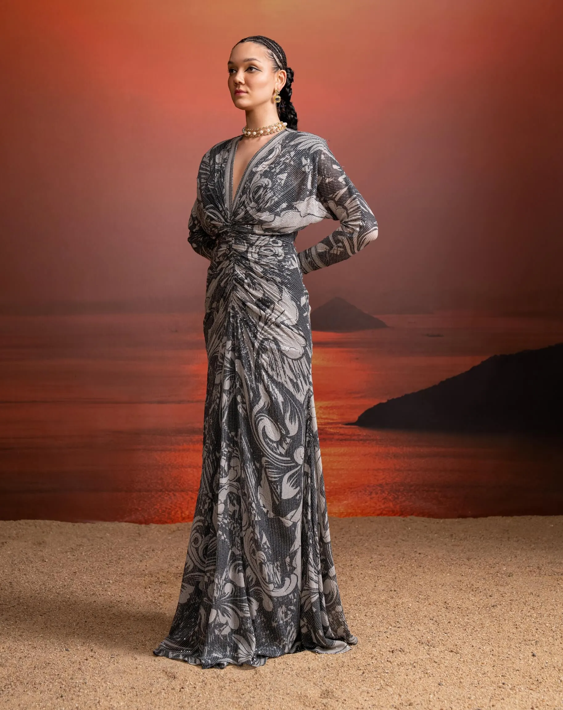 Noir printed sequins draped dress