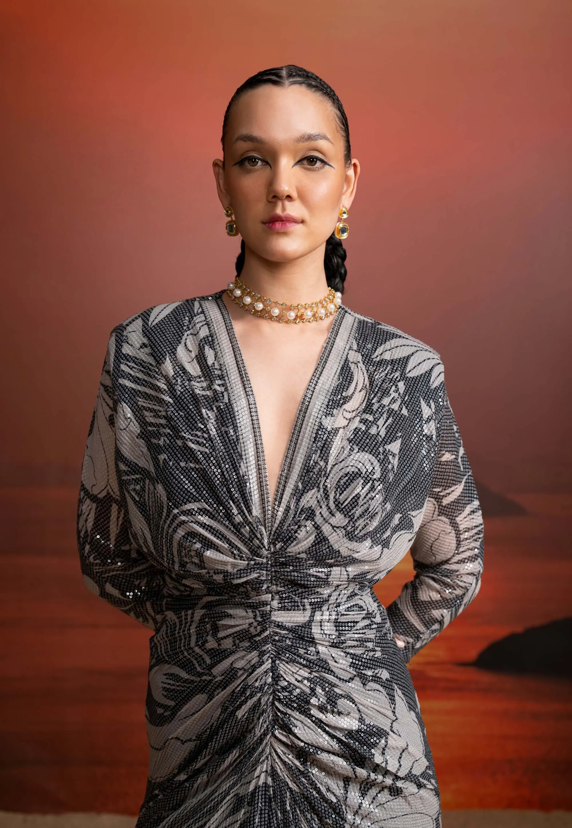 Noir printed sequins draped dress