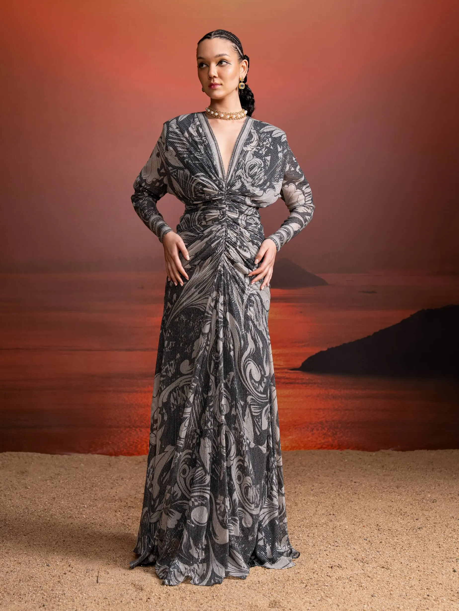 Noir printed sequins draped dress