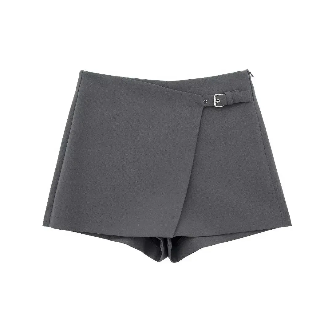 Obsidian Phoenix Asymmetrical High-Waist Skort - Mini Zipper Fashion Shorts with Skirt Overlay