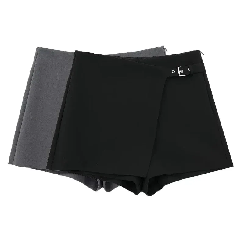 Obsidian Phoenix Asymmetrical High-Waist Skort - Mini Zipper Fashion Shorts with Skirt Overlay