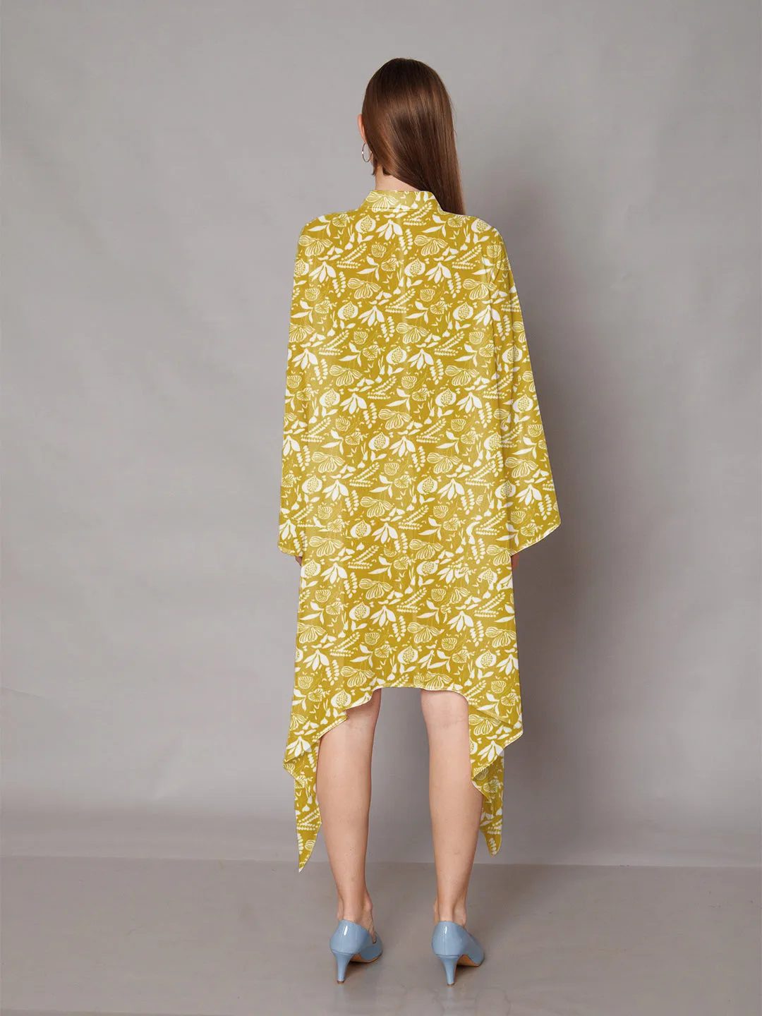 Ochre Yellow Floral Printed High-Low Midi Dress