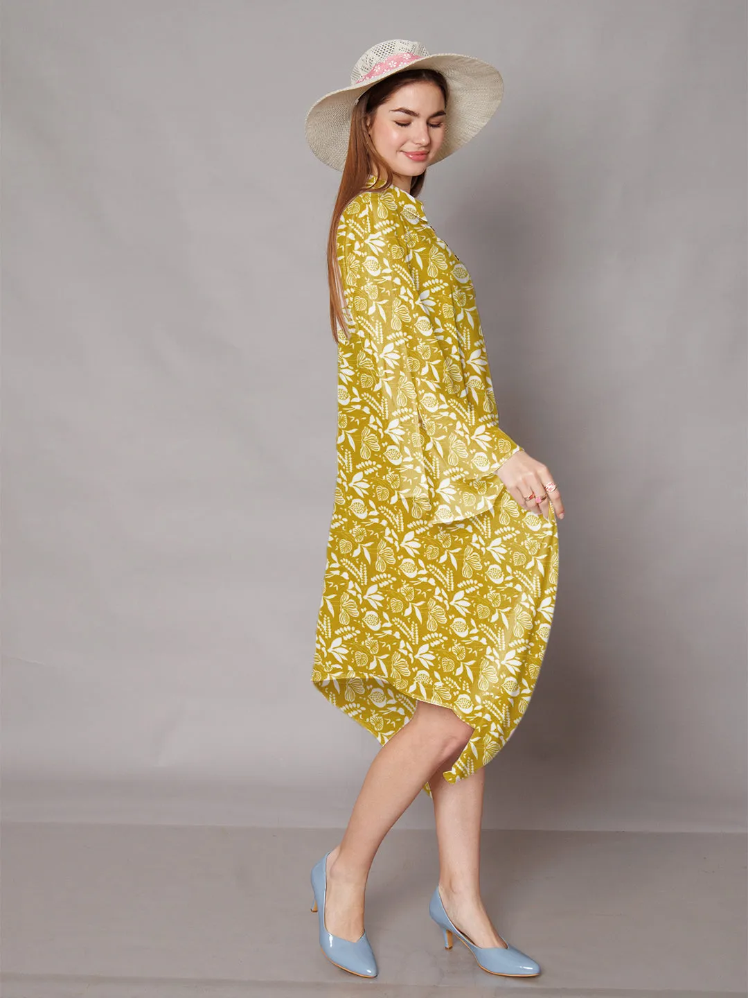 Ochre Yellow Floral Printed High-Low Midi Dress