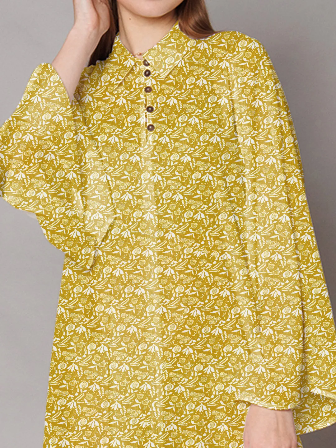 Ochre Yellow Floral Printed High-Low Midi Dress