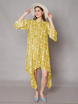 Ochre Yellow Floral Printed High-Low Midi Dress