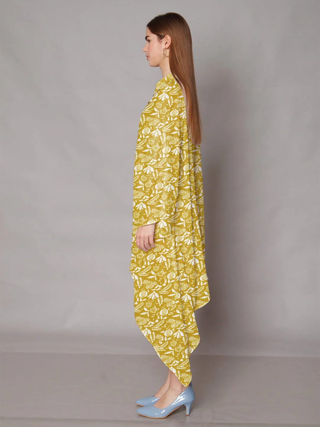 Ochre Yellow Floral Printed High-Low Midi Dress
